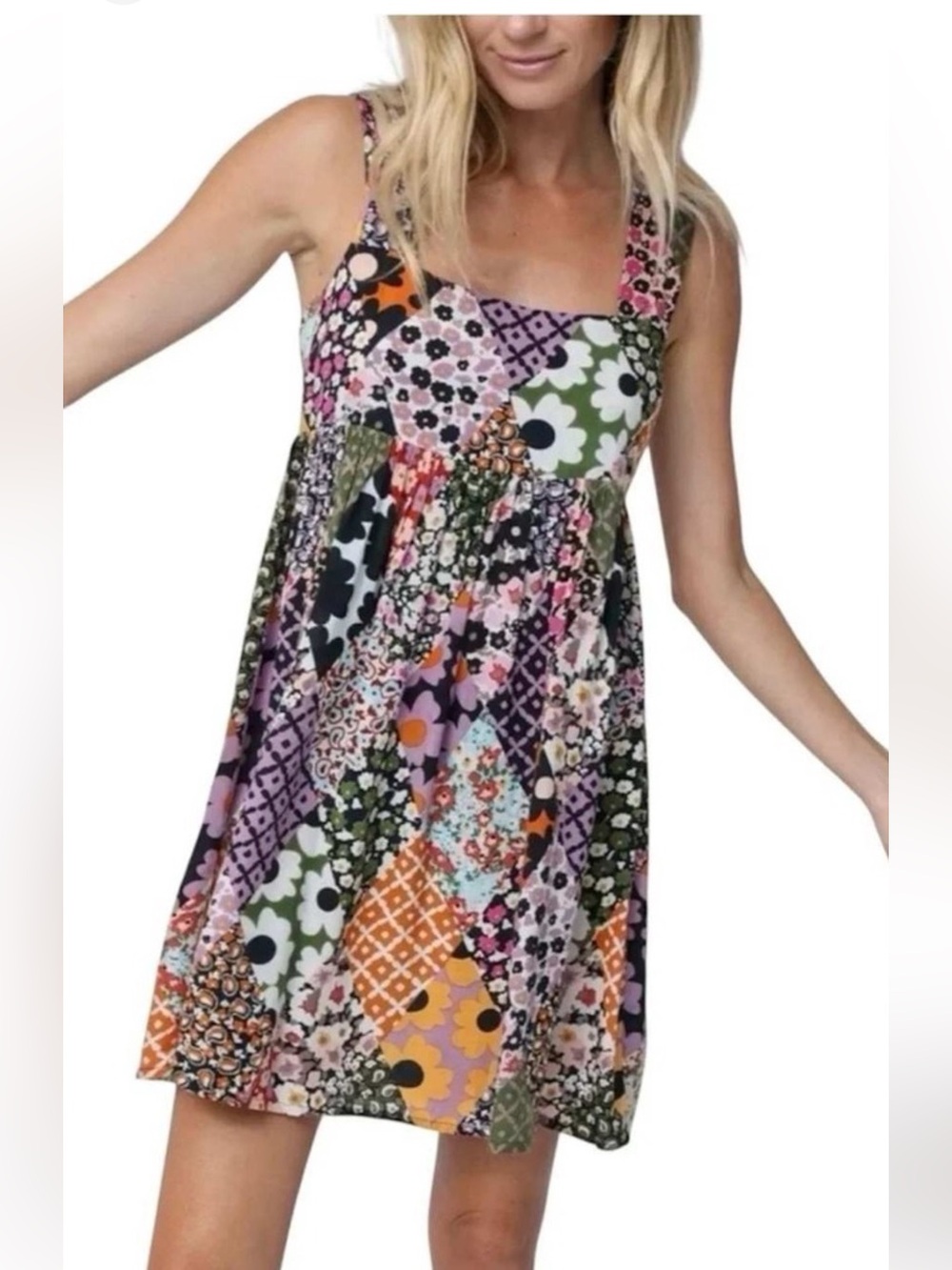 NATURAL LIFE Patchwork Floral Mini Dress in Purple, Pink, Orange, Green